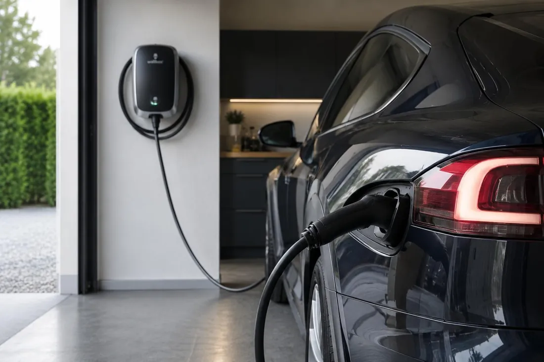 Borne de recharge murale dans un garage avec une voiture électrique en charge